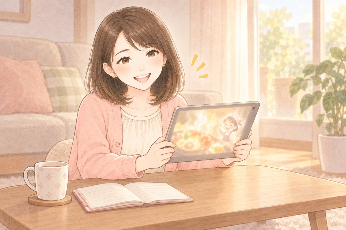 昼のリビングで、タブレットに映るアニメ風の料理の動画をのぞきこみ、目を輝かせているちほのイラスト