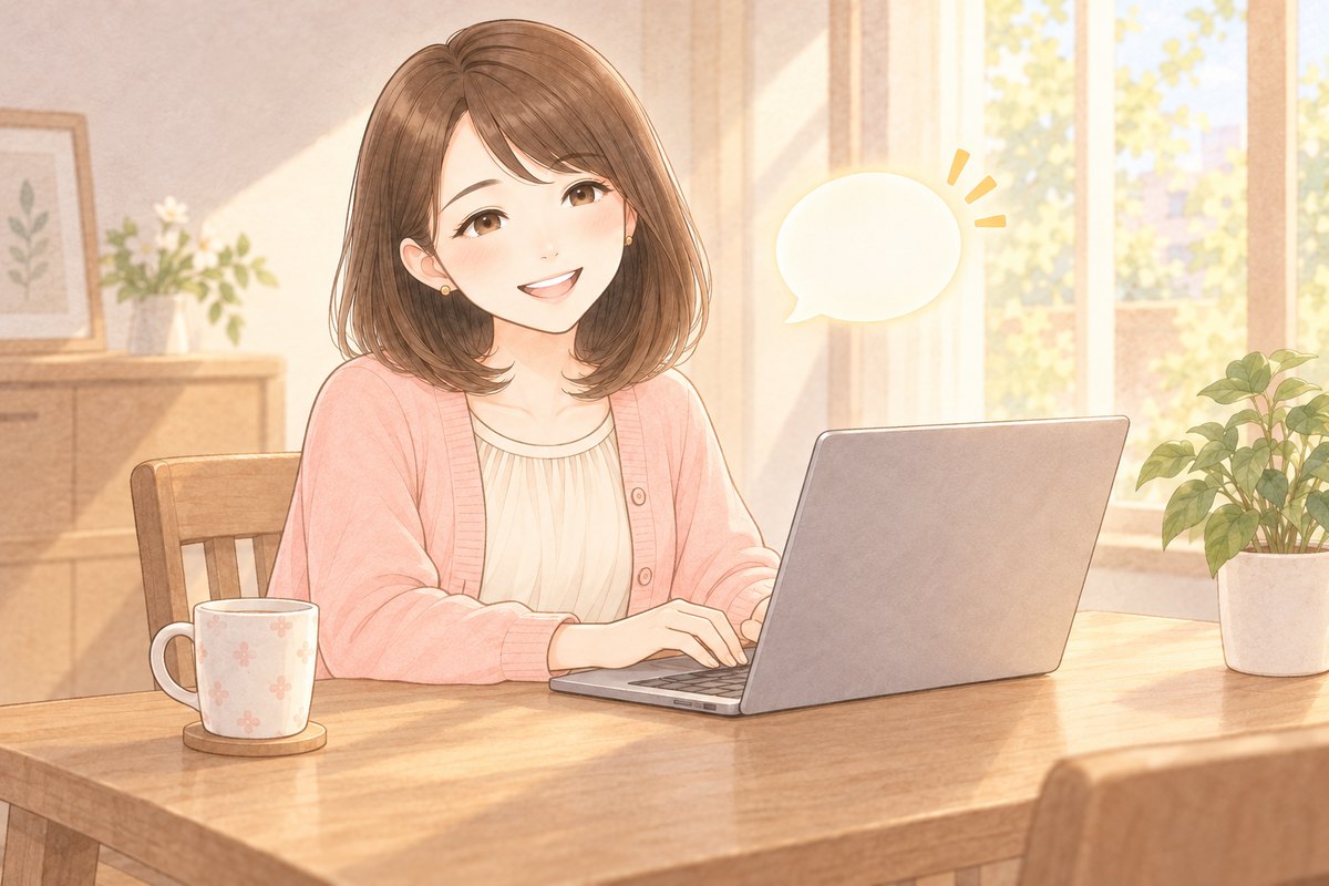 朝のダイニングで、ノートPCに向かって楽しそうに文章を書くちほと、そばに浮かぶ小さな吹き出しのイラスト