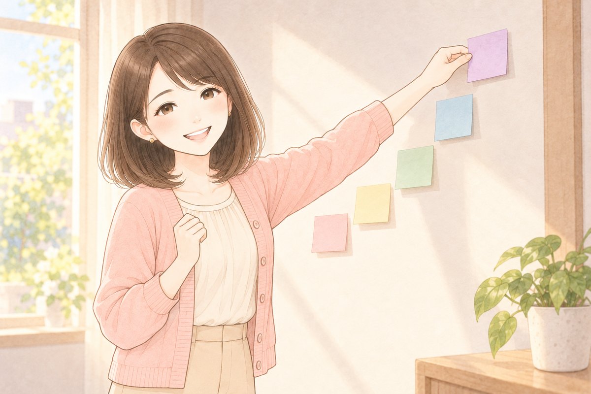 朝の明るい部屋で、階段のように並べた色ちがいの付箋の最後の1枚を貼ろうとしているちほのイラスト
