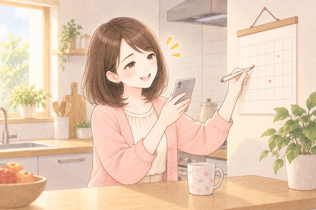 昼のキッチンで、スマホを見ながら壁かけのカレンダーに印をつけているちほのイラスト