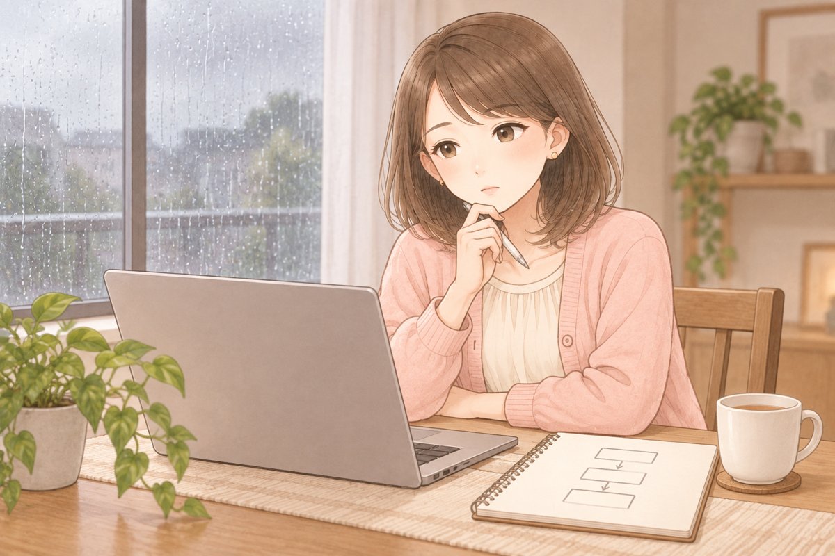 雨の日の昼、ダイニングテーブルでノートパソコンを見ながら、ノートに書いた図の前でペンをあごに当てて考えているちほのイラスト