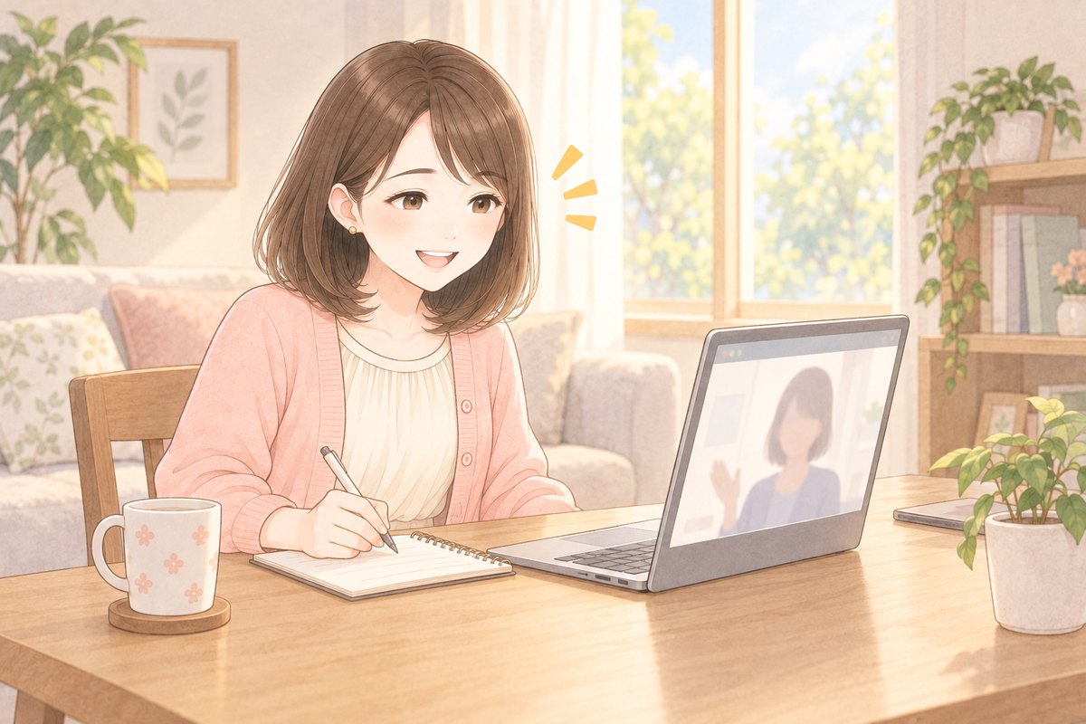 昼のリビングで、ノートPCのオンライン相談を受けながらノートにメモを取るちほのイラスト