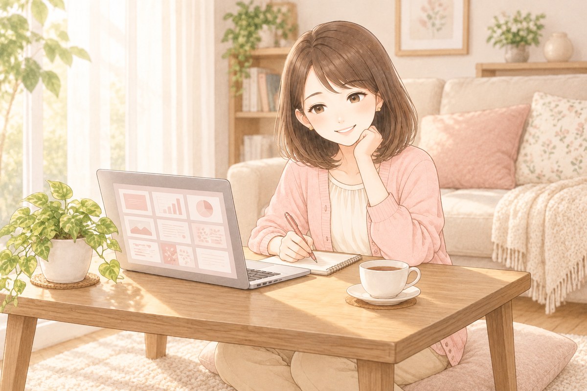 午後のリビングで、ノートパソコンの画面に並んだスライドを見ながら、紅茶を横に置いてメモを取っているちほのイラスト