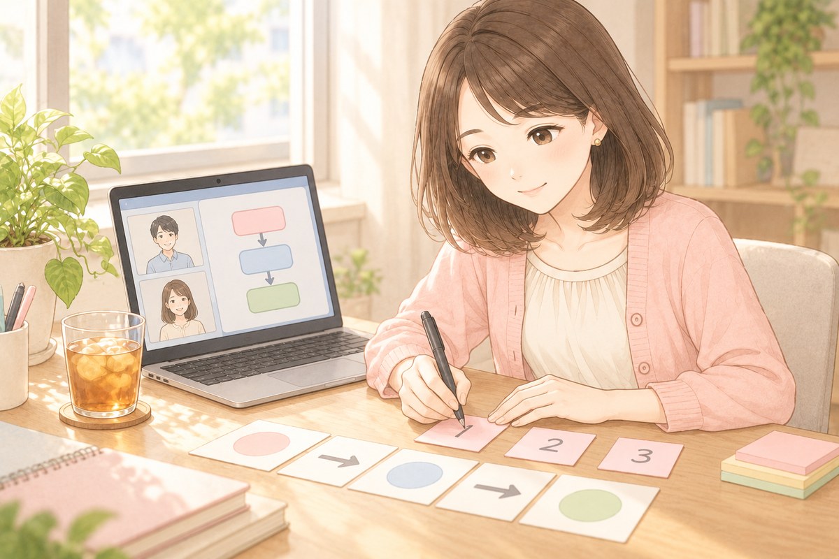 昼の作業机で、ノートPCに映る対談動画と、横に並んだ図のカードを見比べながら、付箋に番号を書いているちほのイラスト
