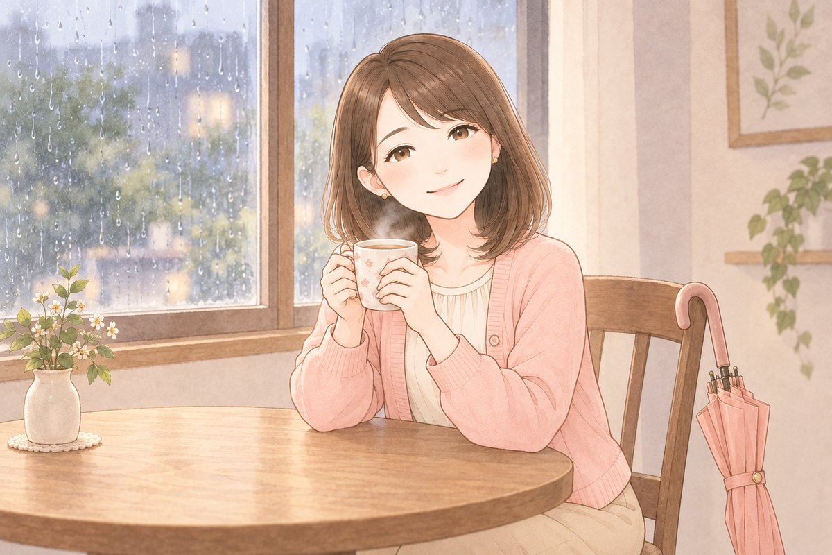 雨の日の窓辺で、温かいお茶を両手で持ってほっとしているちほと、そばに立てかけたピンクの傘のイラスト