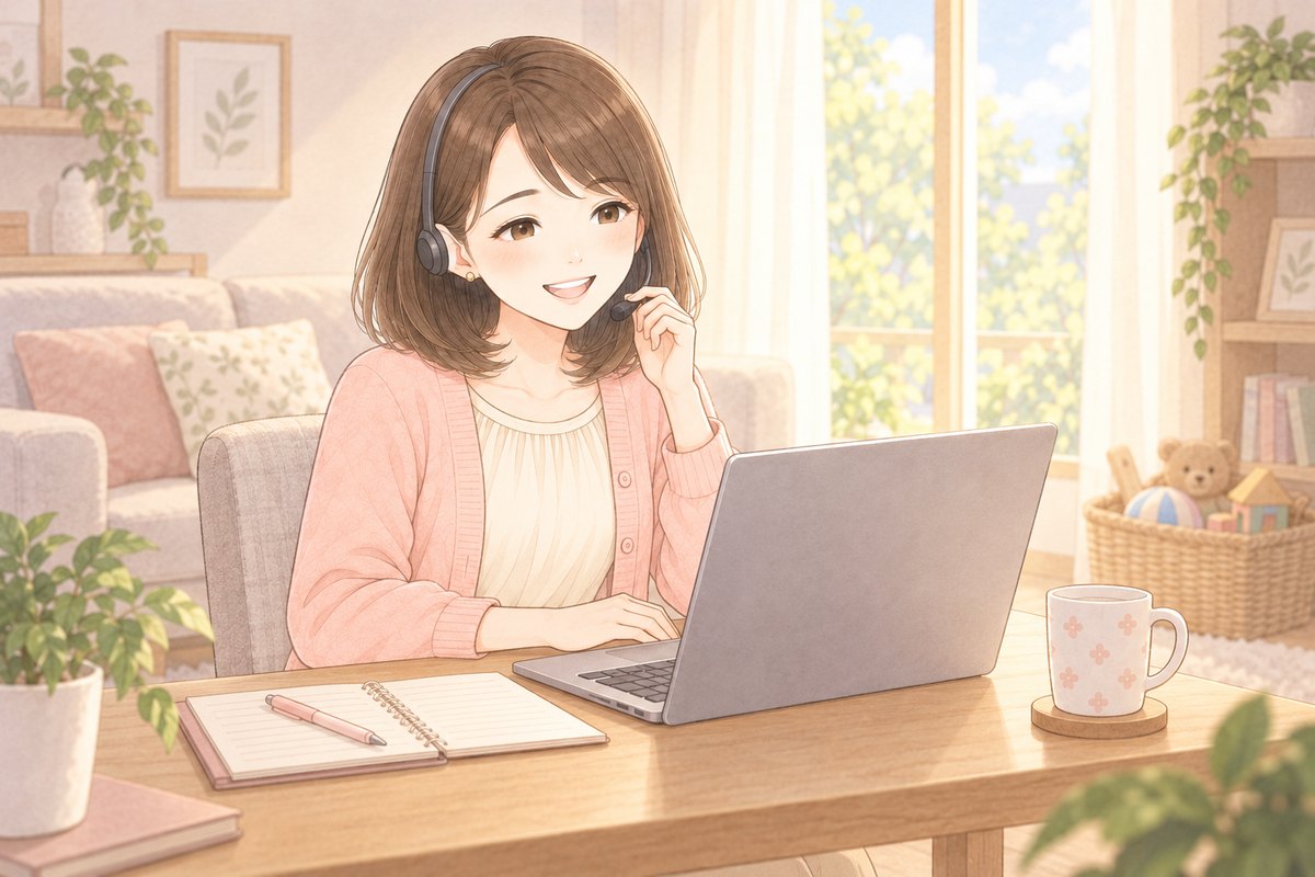 午前のリビングで、ヘッドセットをつけてノートPCでオンラインの打ち合わせをするちほと、部屋のすみのおもちゃのかごのイラスト