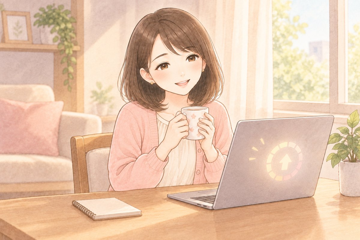 昼のデスクで、ノートPCの画面に大きなファイルを送っている表示を見ながら、マグカップを持って待っているちほのイラスト