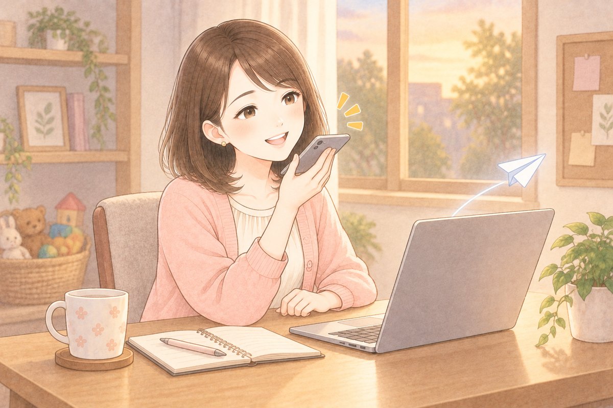 夕方の部屋で、スマホに話しかけるちほと、ノートPCから飛び立つ小さな紙飛行機のイラスト