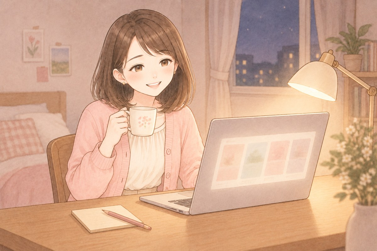 夜のデスクで、ノートパソコンに並んだ縦長のピンを見ながら、マグカップを片手ににっこりしているちほのイラスト