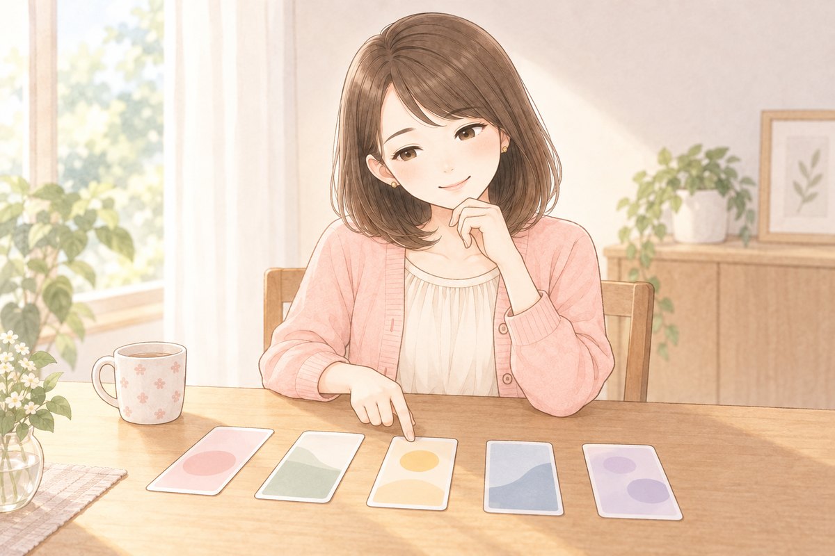 昼のダイニングで、テーブルに横一列に並べたカードの1枚を指さして考えているちほのイラスト