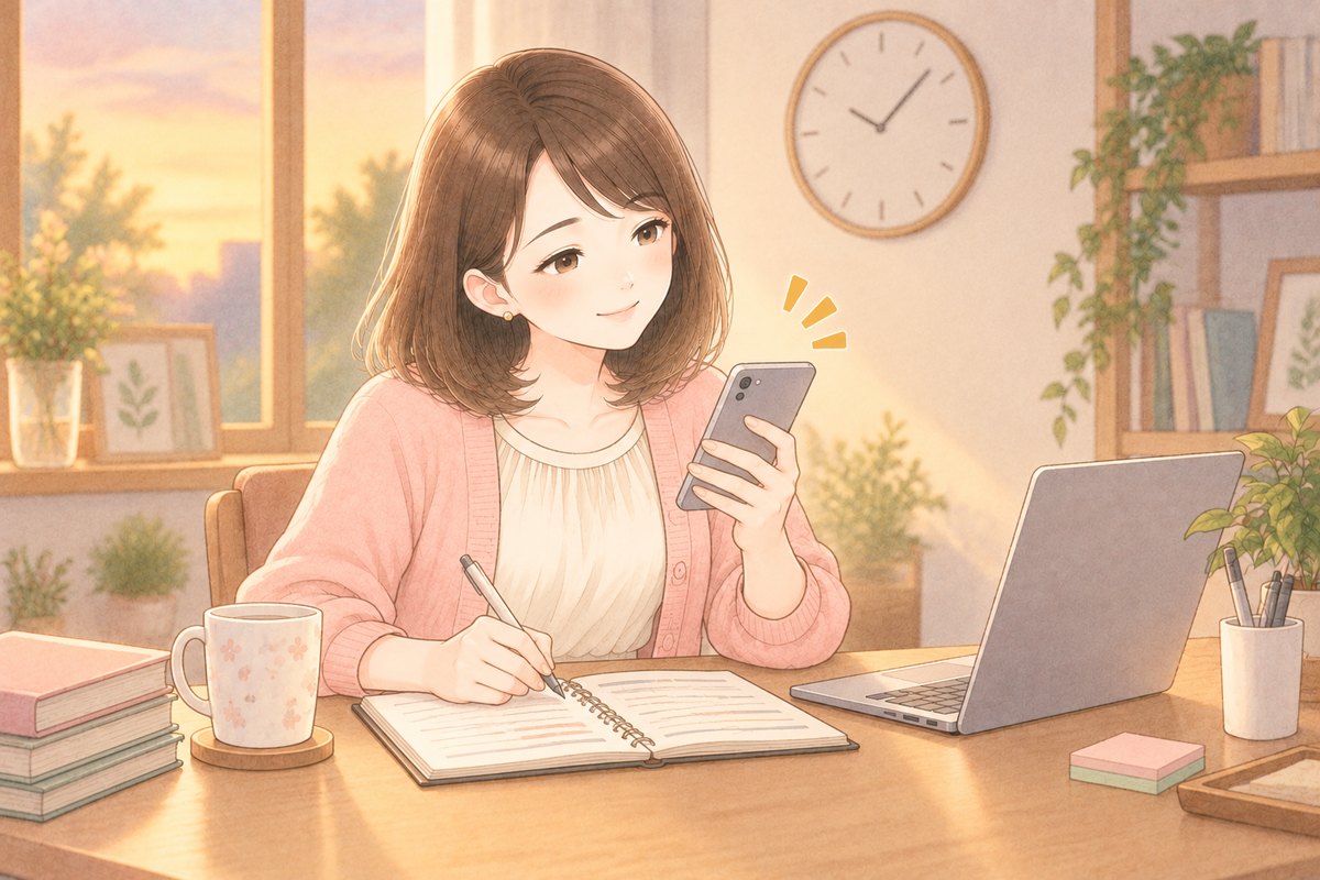 夕方のデスクで、壁の時計の下、スマホを見返しながらノートに書き込んでいるちほのイラスト