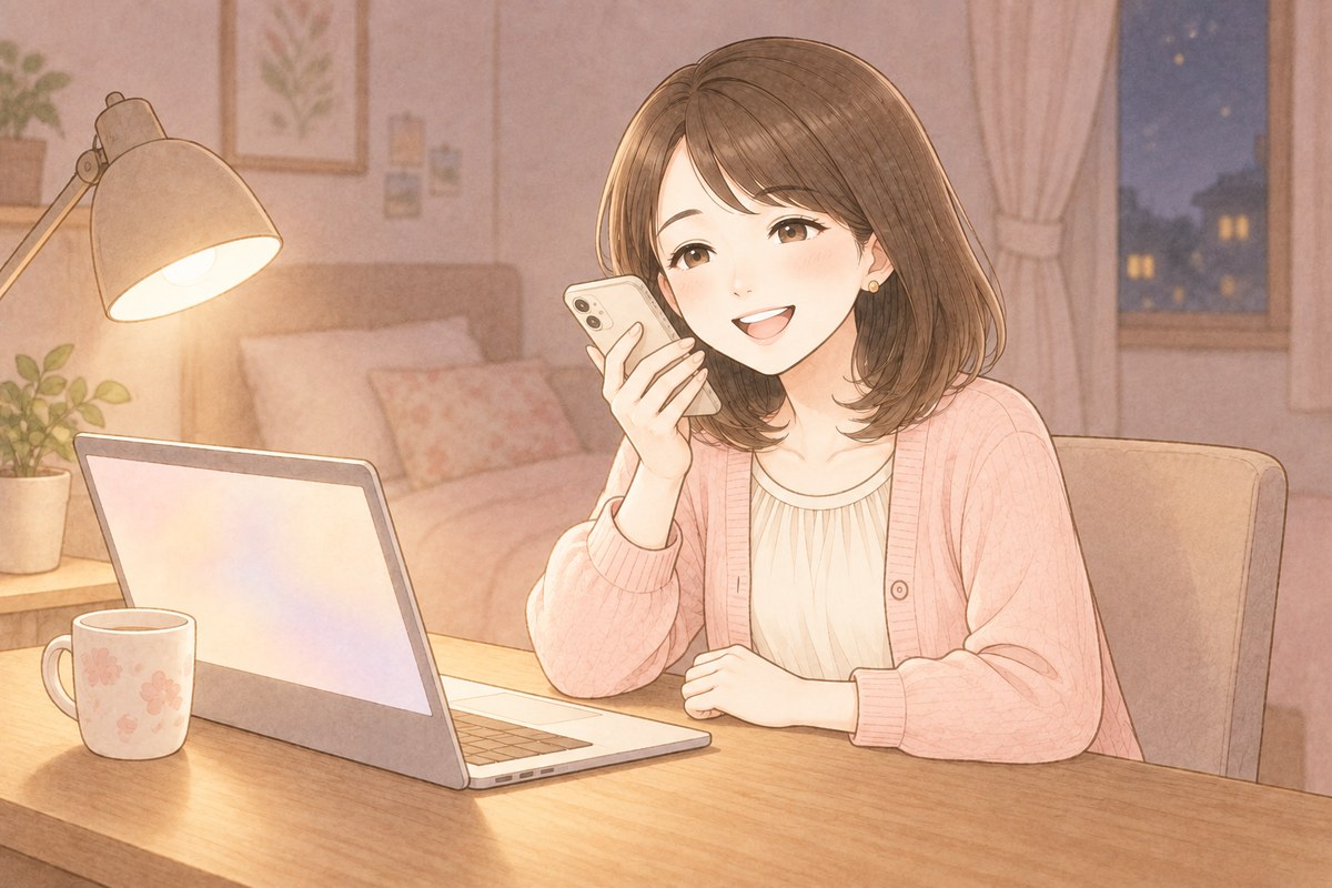 夜のデスクで、スマートフォンに向かって楽しそうに話しているちほのイラスト
