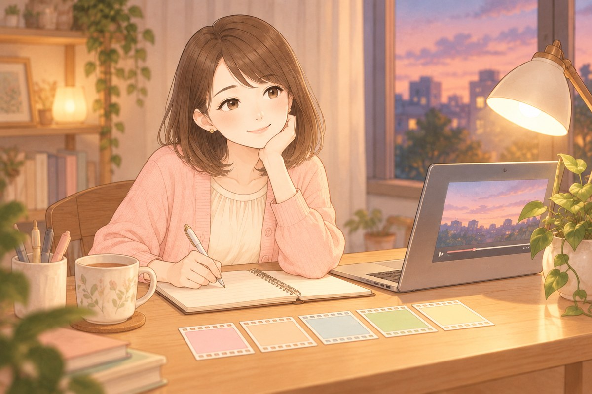 夕方の作業机で、動画を一時停止したノートPCの横に、コマの画像を並べて、ノートにメモをとっているちほのイラスト