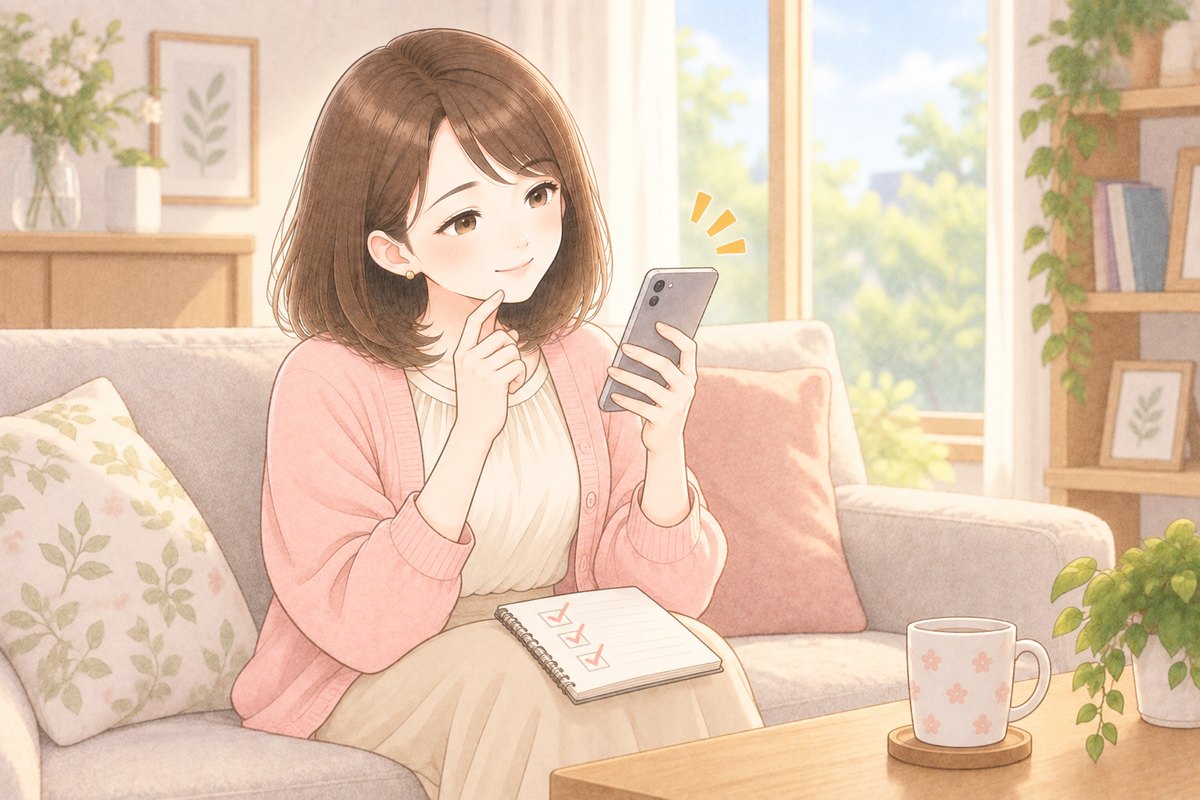 昼のソファで、スマホを慎重に確かめながら見ているちほと、ひざの上のチェック印のついたノートのイラスト